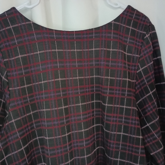 J Jill Ponte Knit Top XL Plaid Pleated Buttons Swing Red Black Academia - Picture 5 of 14